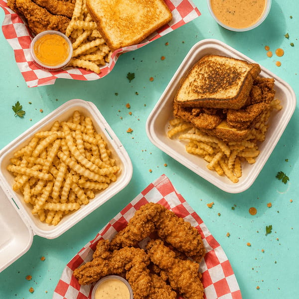 The full Coop spread with chicken fingers, fries, toast, and sauces