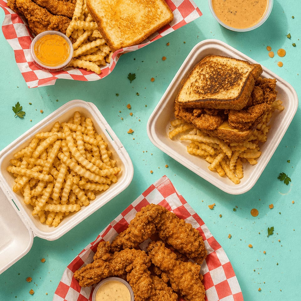 The full Coop spread with chicken fingers, fries, toast, and sauces
