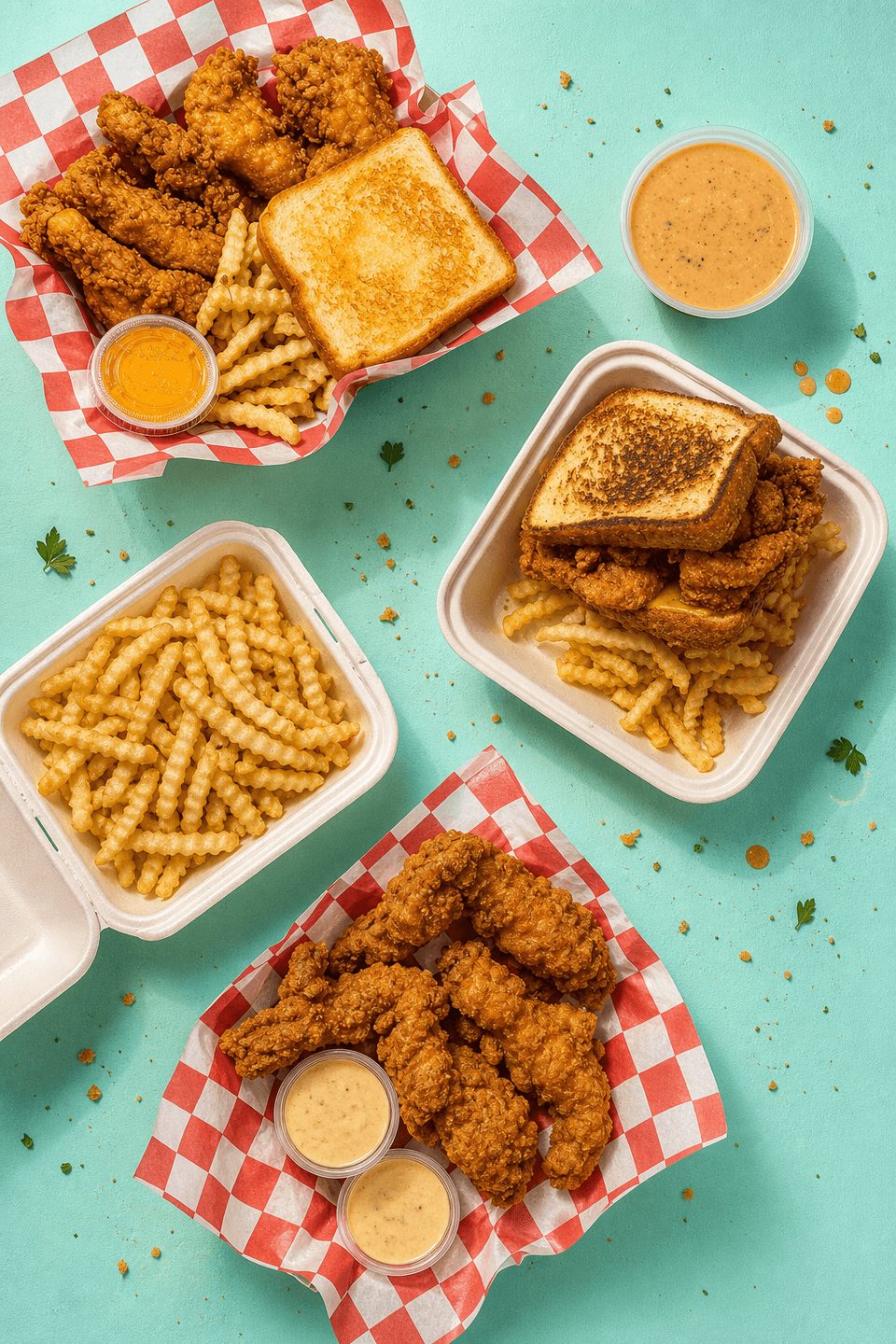 The full Coop spread with chicken fingers, fries, toast, and sauces