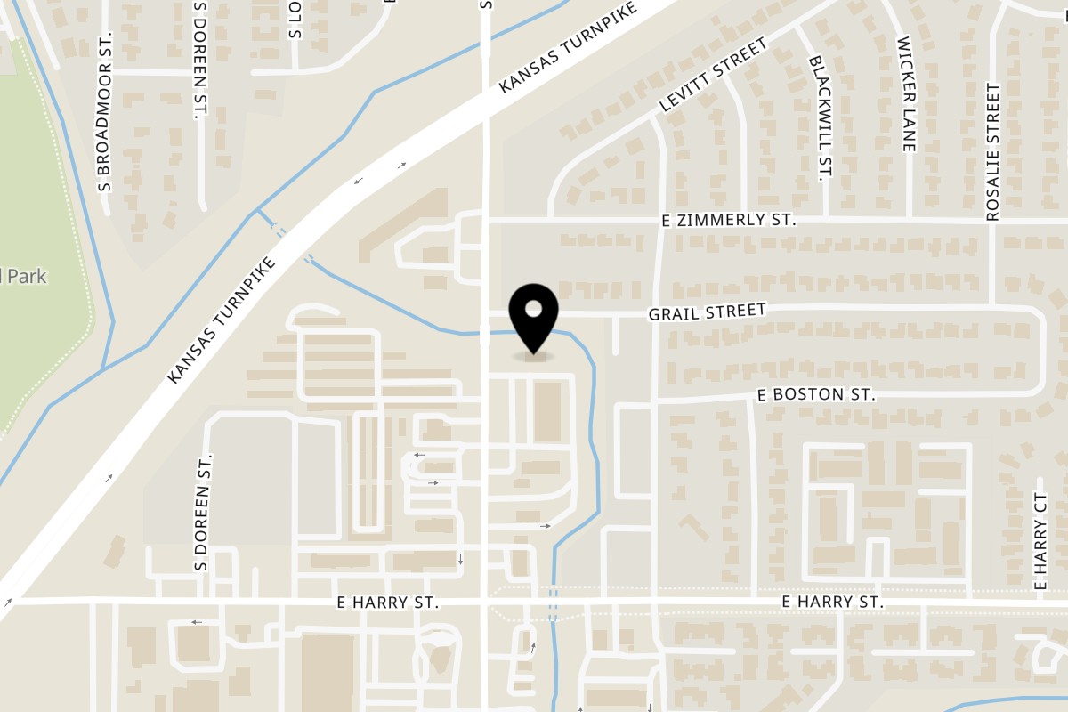 Map showing the location of The Coop Chicken Fingers Wichita on 1140 S Rock Rd in Wichita